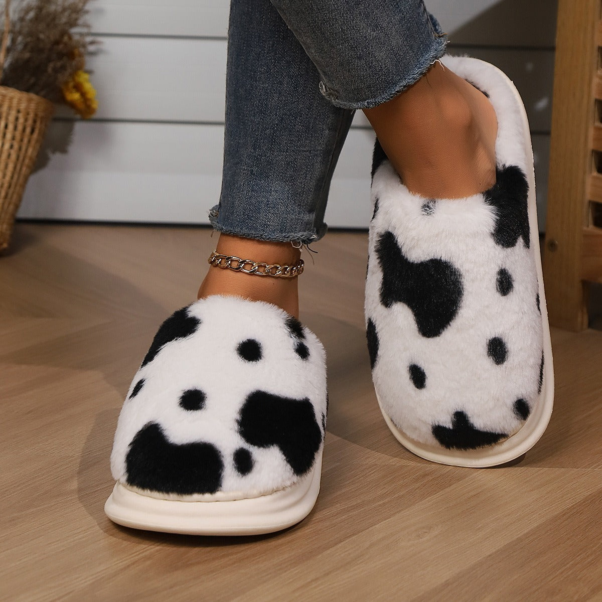 Cow Print Fuzzy Indoor Slippers