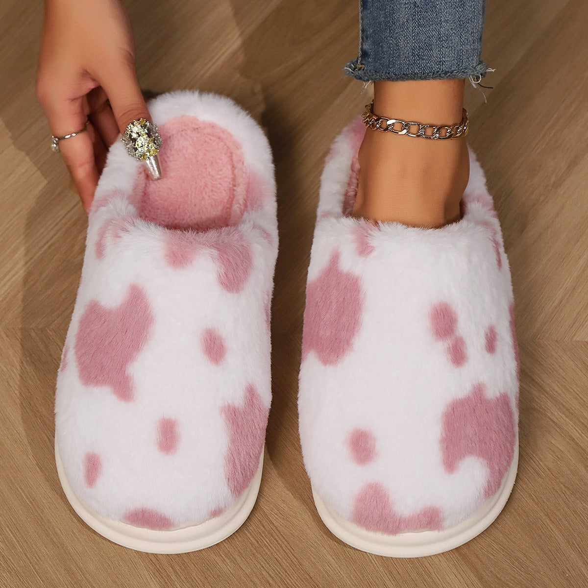 Cow Print Fuzzy Indoor Slippers