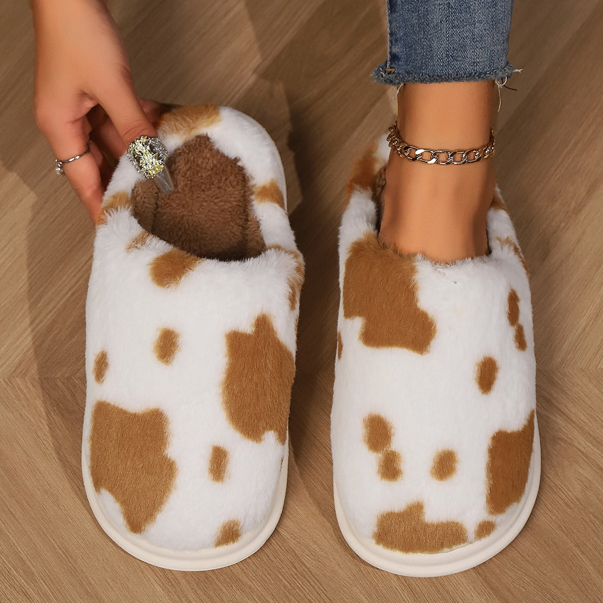 Cow Print Fuzzy Indoor Slippers