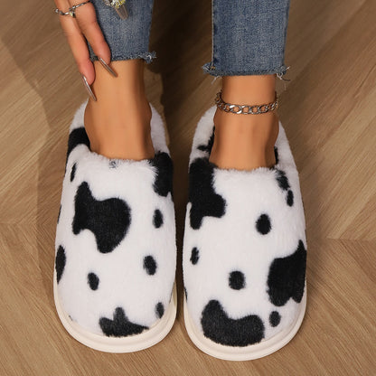 Cow Print Fuzzy Indoor Slippers