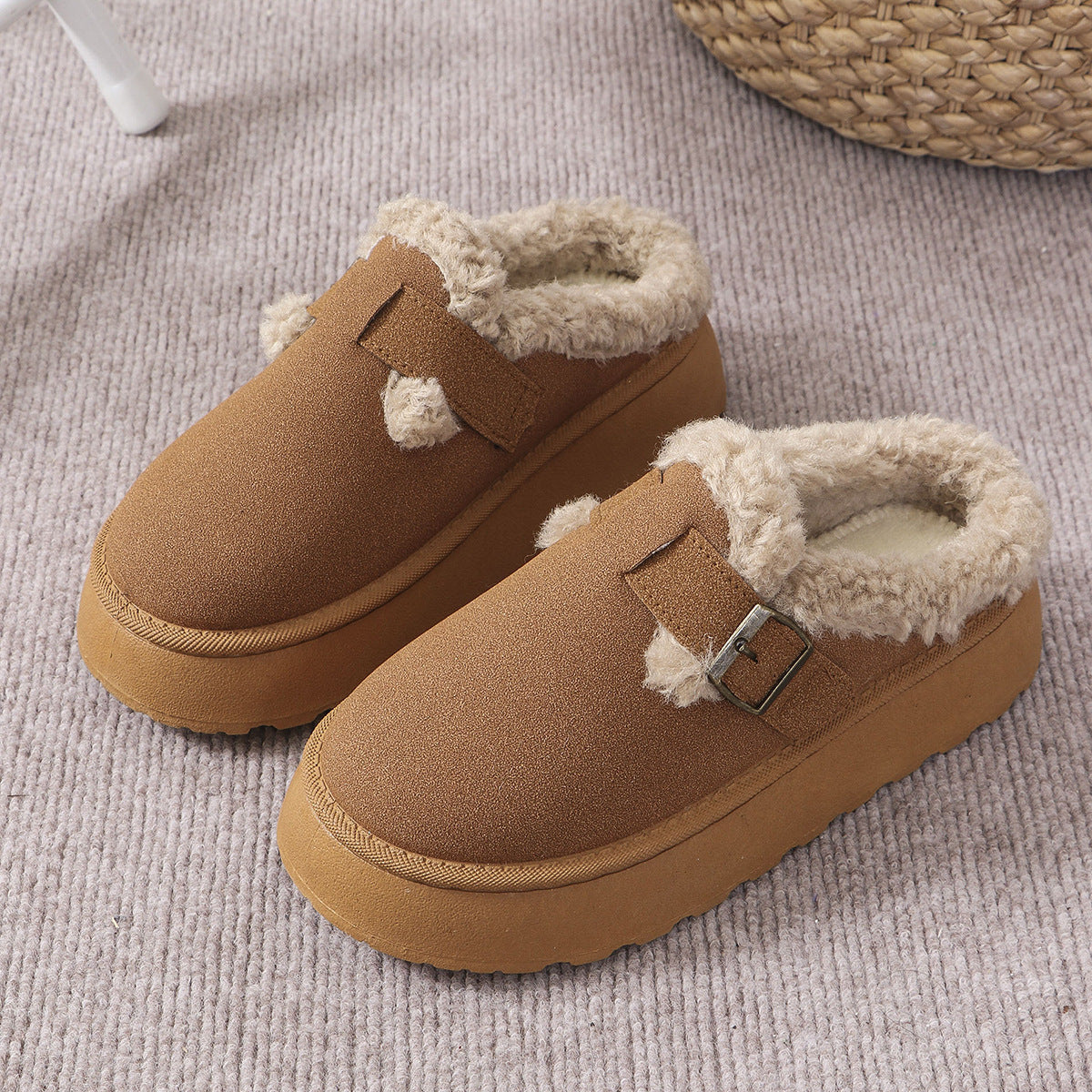 Thick-Soled Plush Button Cotton Slippers