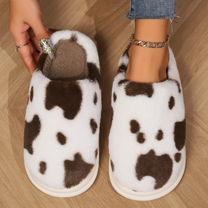 Cow Print Fuzzy Indoor Slippers