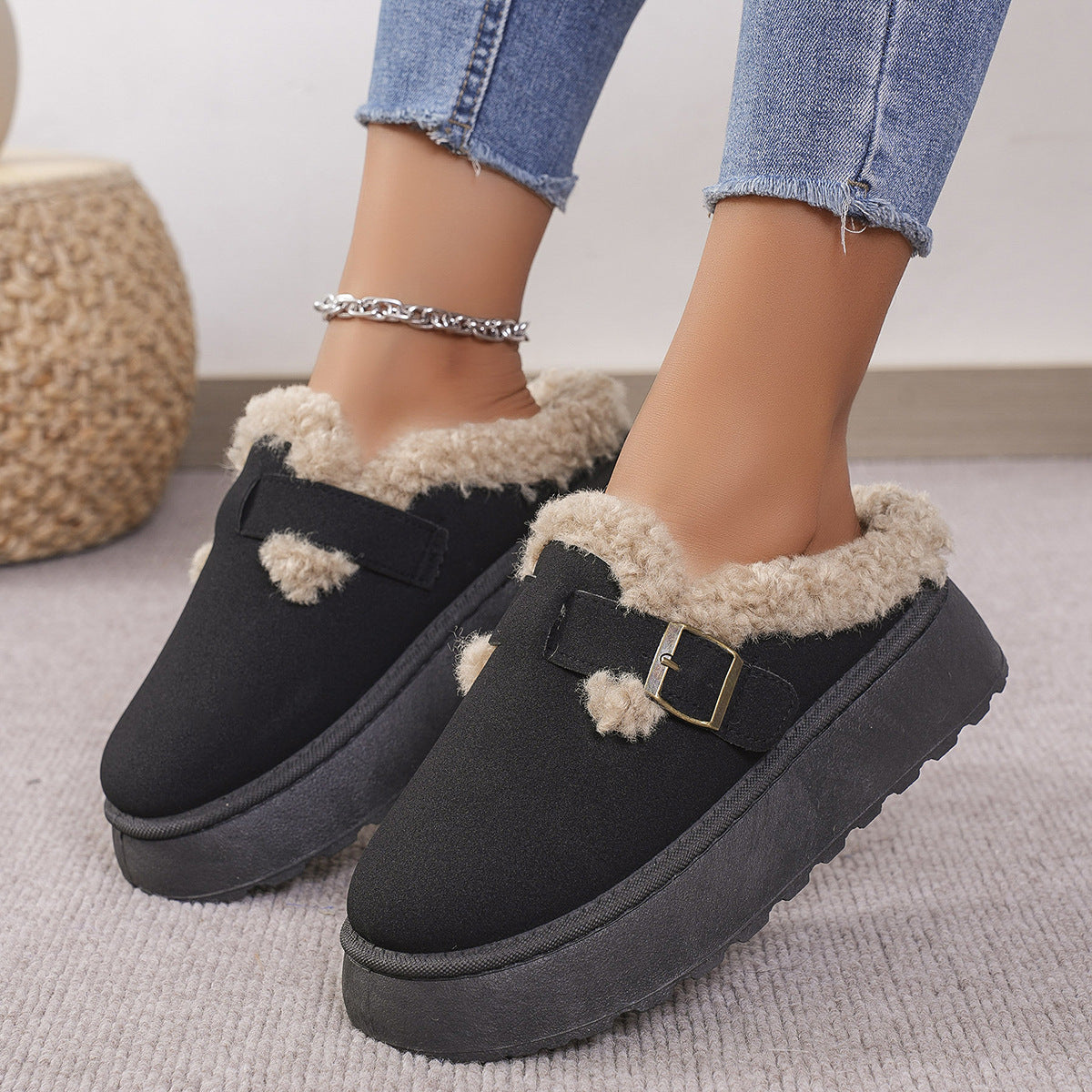 Thick-Soled Plush Button Cotton Slippers