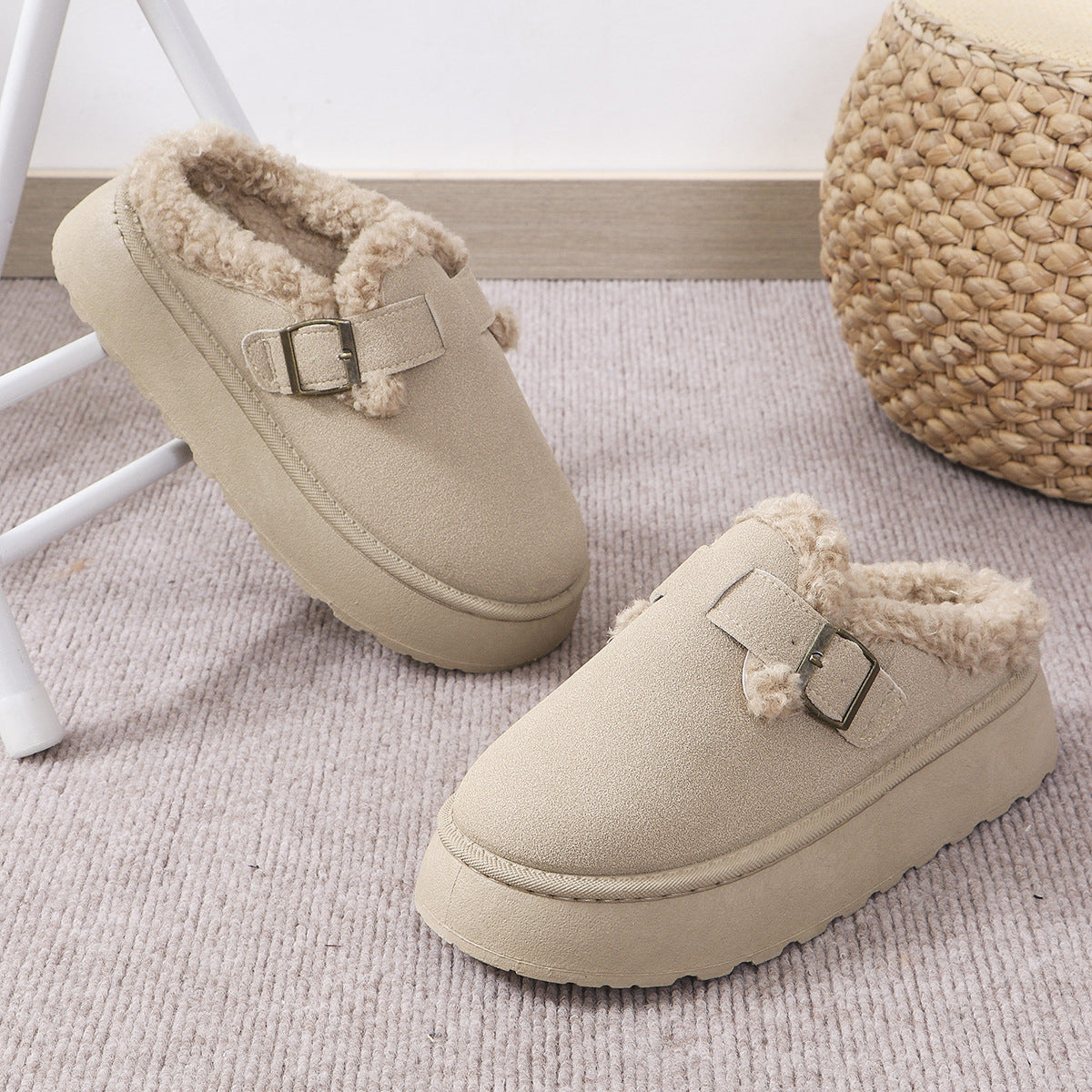 Thick-Soled Plush Button Cotton Slippers