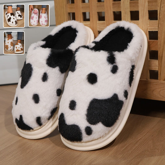 Cow Print Fuzzy Indoor Slippers