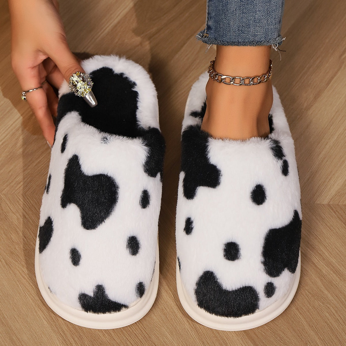 Cow Print Fuzzy Indoor Slippers