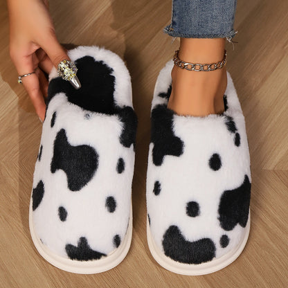 Cow Print Fuzzy Indoor Slippers